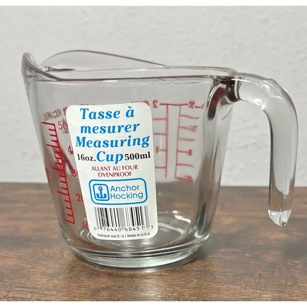 NWT Vtg Fire King 2 Cup 16oz 500ml Glass Measuring Cup Open Handle Red Letters